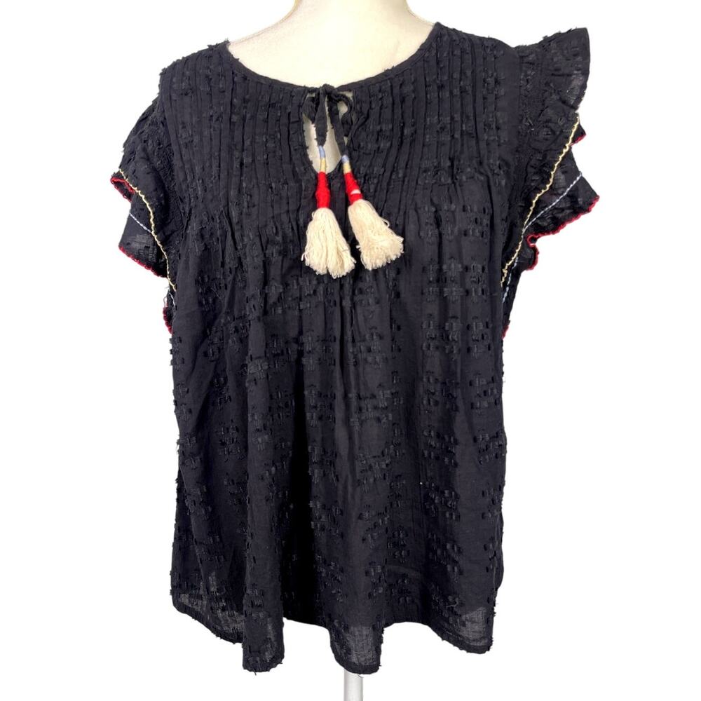 Black Textured Flutter-Sleeve Blouse with Tassel Tie and Trim